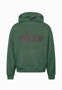 Zelená mikina s kapucí a přední kapsou, na které je hnědým písmem nápis "CHASING DREAMS". Hladká tkanina a žebrované manžety.