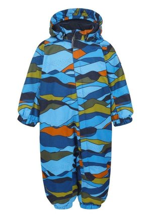 Dětská zateplená kombinéza s kapucí s abstraktním vzorem hor v modré, zelené, oranžové a tmavě modré barvě, se zapínáním na zip vpředu a elastickými manžetami.