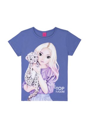 Girl with long blonde hair holding a spotted baby leopard, wearing a purple top and light blue skirt, with text "June TOP Model" on blue shirt.