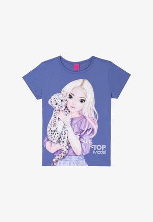 Girl with long blonde hair holding a spotted baby leopard, wearing a purple top and light blue skirt, with text "June TOP Model" on blue shirt.