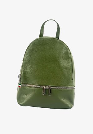 Green leather backpack with a rounded shape, textured surface, dual zipper pocket at the front, and two top handles.