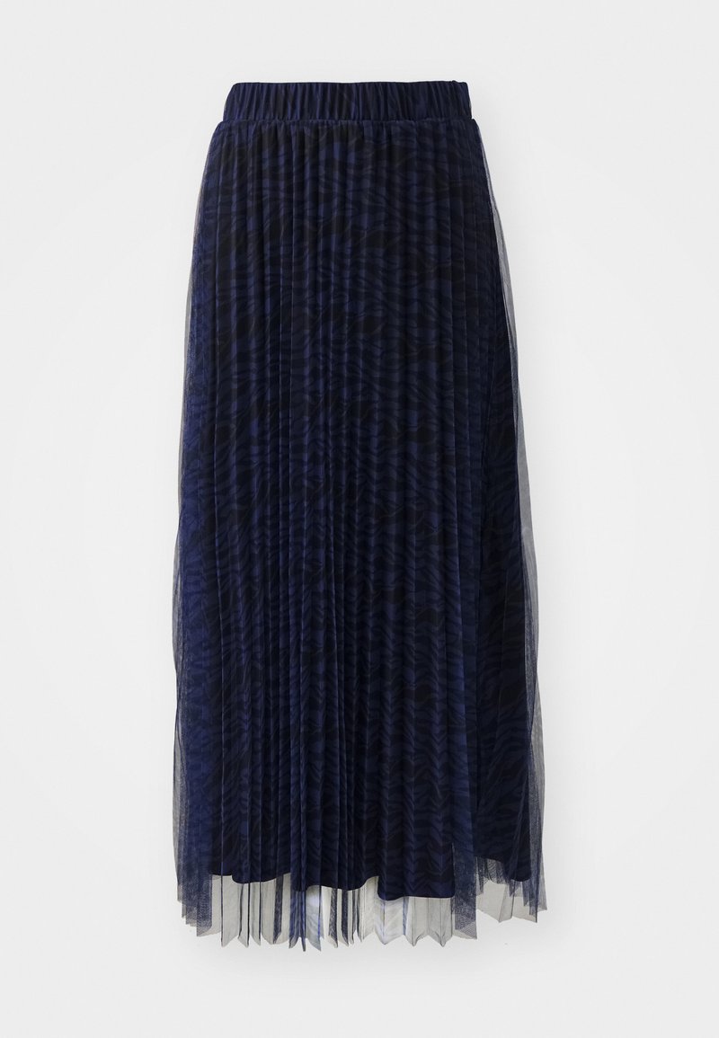 Plissé rok in donker marineblauw, met een transparante overlay. Elastische tailleband en een textuurstof met een subtiel patroon overal.