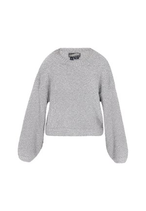 Lichtgrijze pullover trui van een gestructureerde brei-stof. Heeft een ronde halslijn en lange, licht verfrommelde mouwen met een cropped ontwerp.