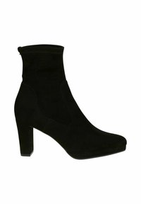 Stivali ankle neri in suede con una superficie liscia, gambale aderente, punta a mandorla e tacco alto spesso per una maggiore stabilità.