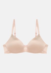 Soutien-gorge rembourré rose clair avec bretelles réglables, tissu lisse satiné et accents en maille transparente sur les côtés. Armature et design sans coutures.