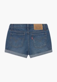 Denimshorts i en ljusblå färg, med upplagda fållar och två bakfickor. Har en brun läderlapp vid midjan.