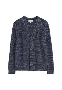 Gebreide marineblauwe cardigan met witte spikkels, V-hals, lange mouwen en zes knopen aan de voorkant. Textuurstof met een relaxed fit en subtiele diepte.
