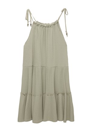 Cotton halter dress in muted green, featuring adjustable shoulder straps, ribbed texture, and a tiered ruffle hemline.