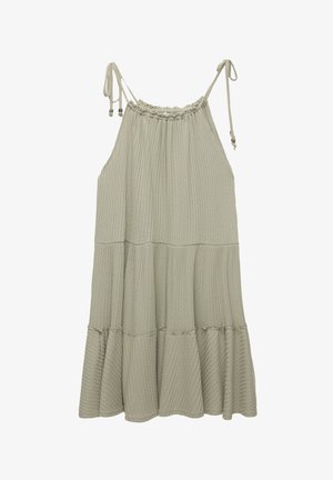 Robe en coton à fines bretelles de couleur vert pâle, avec des bretelles réglables, une texture côtelée et un ourlet volanté en couches.