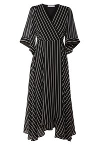 Mustapukuinen wrap-mekko, jossa on valkoisia pystyraitoja, leikkauksessa on liehuvat hihat ja epäsymmetrinen helma. Valmistettu kevyestä, virtaavasta kankaasta.