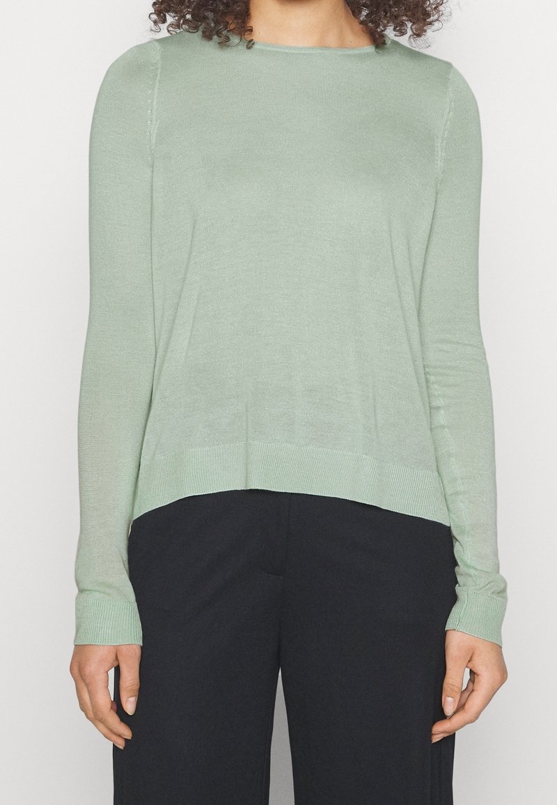 Pull vert clair à manches longues avec un col rond, des poignets et un ourlet côtelés. Tissu doux avec une texture lisse, porté sur un pantalon sombre.