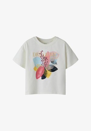 Weißes Baumwoll-T-Shirt mit floralem Design in Pink, Blau, Gelb und Schwarz, mit dem Text "DREAM BIG" in Gold und Pailletten.
