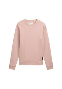 Felpa rosa chiaro con maniche lunghe, scollatura a girocollo e polsini a coste. Presenta un tessuto testurizzato e un'etichetta sul lato.