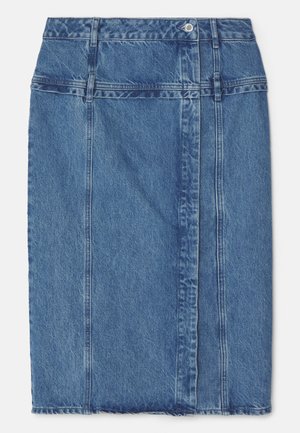 Denim pencil skirt in medium blue with a smooth texture, raw hem, and front seam detailing. Features a classic five-pocket design.