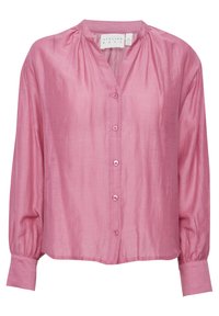 Blusa rosa in seta con scollo a V e maniche lunghe a palloncino. Presenta una chiusura a bottoni sulla parte anteriore e un collo arricciato.