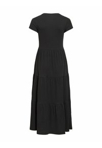 Robe maxi noire à étages avec manches courtes et encolure ronde, vue de dos sur fond blanc.