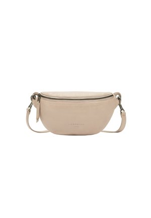 Beige Leder Umhängetasche in runder Form, mit einem oberen Reißverschluss und verstellbarem Gurt. Mit dezentem Branding auf der Vorderseite.