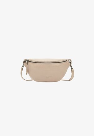 Borsa a tracolla in pelle beige con forma arrotondata, chiusura a zip superiore e tracolla regolabile. Presenta un logo discreto sulla parte anteriore.