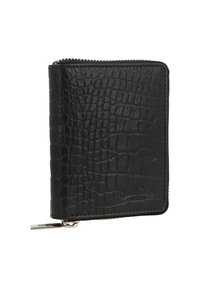 Musta krokotiilikuosilla varustettu nahkalompakko, jossa on vetoketjukiinnitys, teksturoidulla pinnalla ja hopeanvärisellä vetoketjun vedin yksityiskohtana.