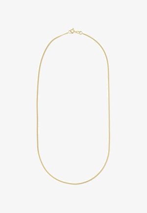 Guldmetal kæderekke, tynd og fleksibel, har en glat overflade med en simpel spænde lukning. Længden er justerbar.