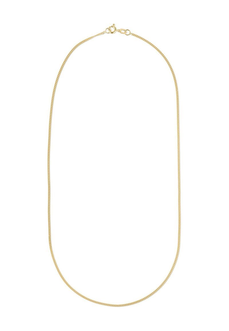 Guldmetallkedjan har en tunn och flexibel design med en slät yta och en enkel låsning. Längden är justerbar.