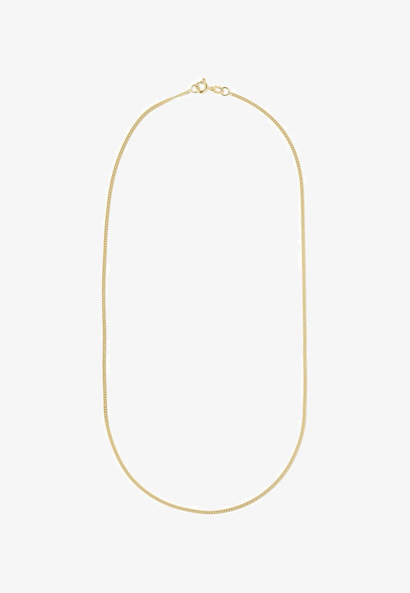 Guldmetallkedjan har en tunn och flexibel design med en slät yta och en enkel låsning. Längden är justerbar.