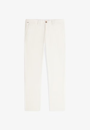 Beige chinos i bomull med rette ben, utstyrt med frontlommer, enkelt knappelukking og subtile sømdetaljer.