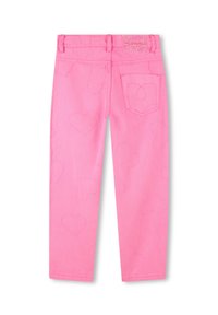 Pantaloni per bambini di colore rosa con motivi a cuore ricamati, una tasca posteriore, passanti per cintura e una toppa luccicante sulla vita.