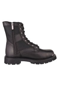 Botín de combate negro hecho de cuero y nylon, con diseño de cordones, cremallera lateral, suela de goma y punta de metal.