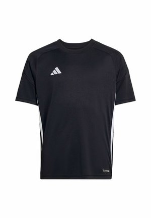 Zwart sport-T-shirt met korte mouwen, wit Adidas-logo op de borst en witte zijkstrepen, gemaakt van ademende Climalite-stof.