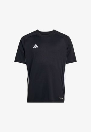 Zwart sport-T-shirt met korte mouwen, wit Adidas-logo op de borst en witte zijkstrepen, gemaakt van ademende Climalite-stof.