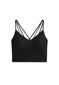 Crni skrateni bralet s dubokim V-izrezom, s dva para tankih trakica koje stvaraju dizajn križanja na leđima. Glatka tekstura tkanine.