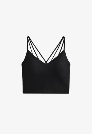 Fekete, rövid fazonú bralette mély V-dekoltázzsal, amelyen két vékony pánt sor található, amelyek keresztezett dizájnt képeznek a hátán. Simább anyagtextúra.