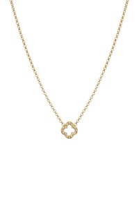 Gul kæde med en blomsteranheng omgivet af krystaller, der viser en glat finish og et identisk mønster på begge sider.