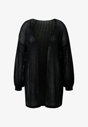 Schwarzer offenmaschiger Pullover mit tiefem V-Ausschnitt, langen Puffärmeln und lockerer, übergroßer Passform; das strukturierte Muster erzeugt einen durchsichtigen Effekt.