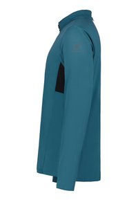 Teal langlederjack met hoge kraag, voorzien van zwarte meshpanelen aan de zijkanten en een geborduurd logo op de schouder.
