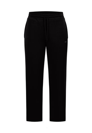 Black sweatpants made of soft fabric, featuring an elastic waistband with a drawstring and side pockets. Straight-leg design.