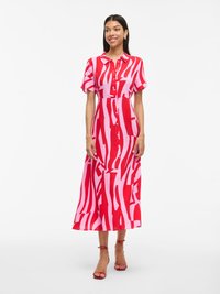 Sinine ja roosa triibuline kleit lühikeste varrukatega, nööbitav esiosa ja keskmise pikkusega. Omab mugavat lõiget ja kerget kangast.