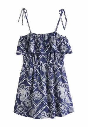 Marineblaue Sundress mit weißen Mustern mariner Lebewesen, darunter Oktopusse, Seesterne und Muscheln, mit gerafftem Ausschnitt und verstellbaren Schulterbändern.