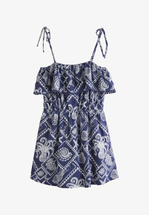 Marineblå sommerkjole med hvide mønstre af havliv, med blæksprutter, søstjerner og muslinger, flæset halsudskæring og justerbare skulderstropper.