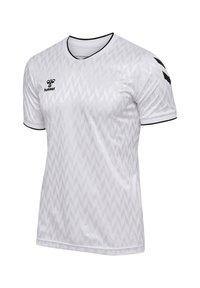 Maglietta sportiva bianca a maniche corte con scollo a V, caratterizzata da un motivo a diamante testurizzato e dettagli neri sulle maniche e sul colletto.