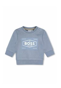 Felpa azzurra chiara realizzata in misto cotone, con collo tondo, maniche lunghe e una grafica del logo bianco sul davanti.