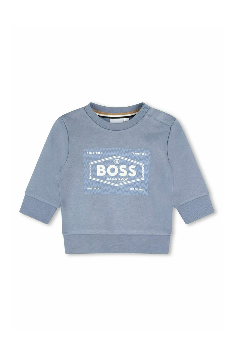 Felpa azzurra chiara realizzata in misto cotone, con collo tondo, maniche lunghe e una grafica del logo bianco sul davanti.