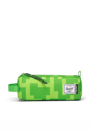 Trousse rectangulaire vert vif avec motif pixelisé, fermeture éclair, boucle latérale et étiquette Herschel à l'avant.