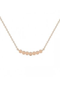 Roze gouden ketting met een ketting en een horizontale staaf van afwisselend gladde cirkels, wat een eenvoudig, modern ontwerp creëert.