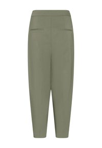 Pantalon olive vert fuselé avec une taille haute et deux poches passepoilées à l'arrière, présenté sur un fond blanc.