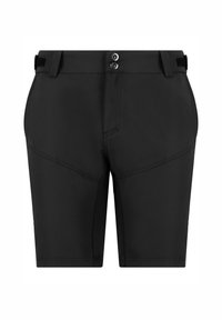 Schwarze Shorts aus leichtem Gewebe mit geradem Schnitt, zwei Knöpfen und einem Klettverschluss-Einstellriemen an der Taille.