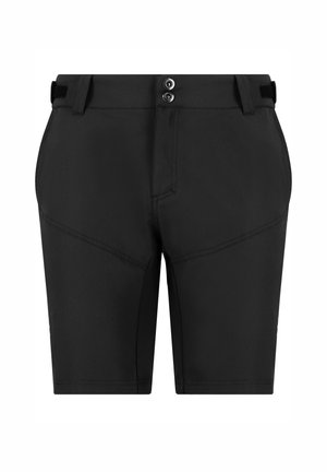Sorte shorts lavet af letvægtigt stof med et strømlinet design, der har to forreste knapper, en lynlås og forstærkede syninger.