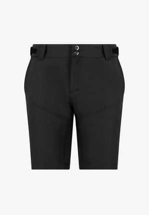 Sorte shorts lavet af letvægtigt stof med et strømlinet design, der har to forreste knapper, en lynlås og forstærkede syninger.