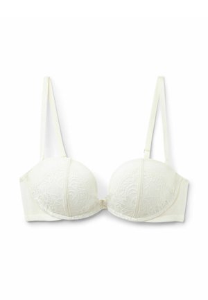 Weißer Spitzen-BH mit vorgeformten Körbchen, verstellbaren Trägern und glatter Textur. Mit aufwendig gestalteten Spitzenverzierungen auf den Körbchen und am Unterbrustband.